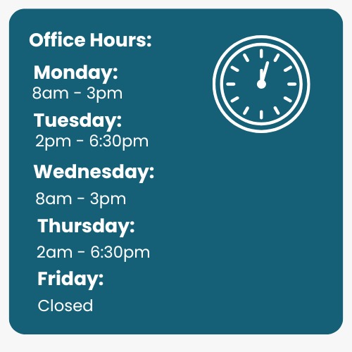 Office hours for Active Life Chiropractic, including times for Monday, Tuesday, Wednesday, Thursday, and Friday, with a clock icon.