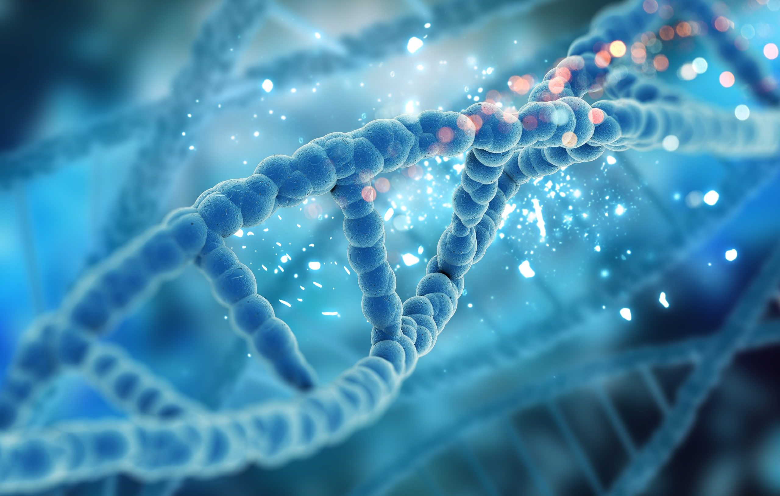 DNA helix structure with blue and glowing elements, symbolizing regenerative medicine and cellular repair at Active Life Chiropractic.